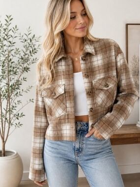 Love Tree Beige Plaid Cropped Utility Shacket